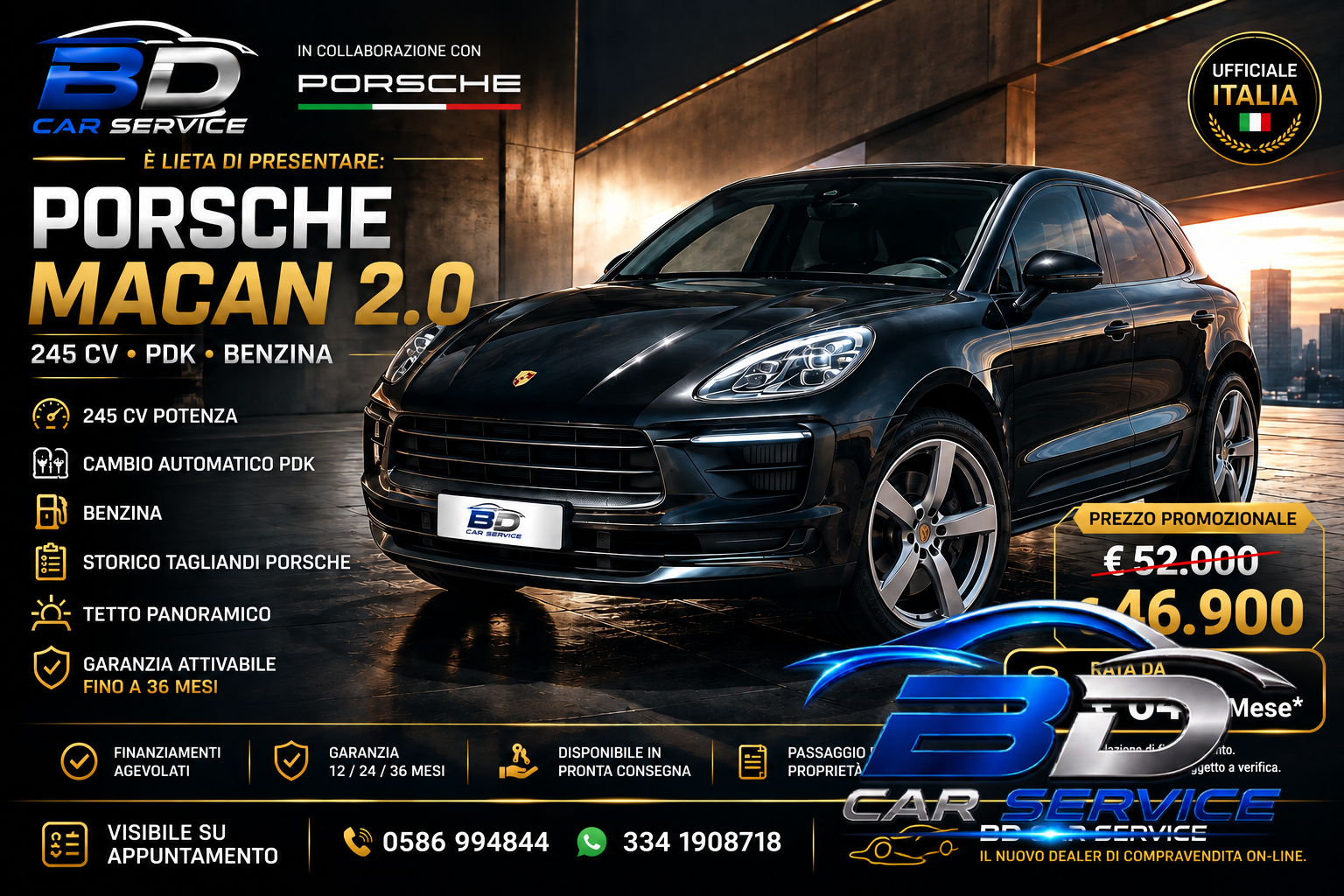 PORSCHE MACAN 2.0 DEL 2019 107000 KM – Tetto Panoramico e Apribile – Interni in Pelle – Book Service Ufficiale Porsche – Total Black